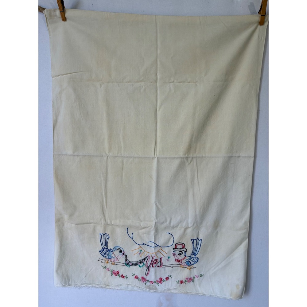 Cottagecore‎ Vintage Pillowcase Embroidered Bluebirds Cream Fair